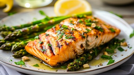 Grilled salmon on a plate with asparagus garnished with parsley on a light background. Healthy food and nutrition