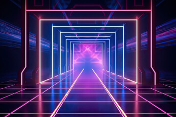 a neon corridor with a dark floor and bright neon lights,Abstract neon light geometric background. Glowing neon lines. Empty futuristic stage laser. Colorful rectangular laser lines.