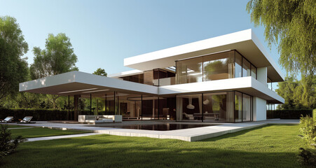 Fototapeta na wymiar rendering of modern house with white windows on a green grass