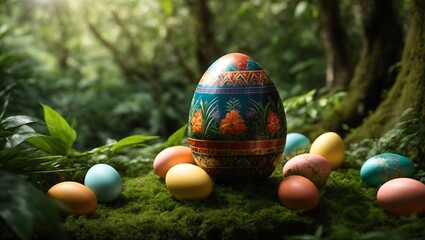 Photo of colorful easter egg placed in forest