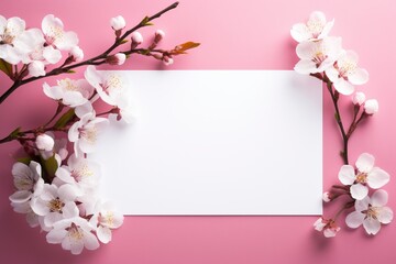 Obraz premium Photo of blank white paper with flower on pink background, copy space, high quality, high resolution, 8k with generative ai