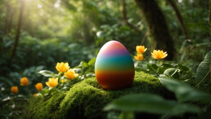 Photo of colorful easter egg placed in forest