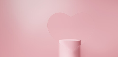 ピンク色の背景に台座。ハート型にくりぬいたガラス。コピースペース。（横長） - obrazy, fototapety, plakaty