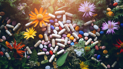 Colorful medicinal pills and capsules scattered among blooming wildflowers and plants. - obrazy, fototapety, plakaty