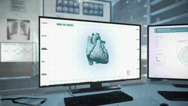 Software For Diagnostic Of Patients Health Analyzes Heart Problem Caused By Cardiac Ischemia. Scanning Ill Patient At Clinic. Disease Problem Diagnostic. Diagnostic System Examines Patients Problem