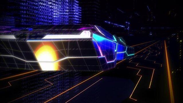 Futuristic Low Poly Digital Car Hovering On Matrix City Road. Future 3D Model Holographic Digital Sports Car Vehicle. Future Digital Car In Sci-fi Virtual-reality Cyberspace Made By Innovative System.