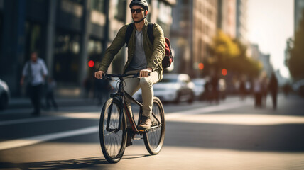 young man riding a bicycle on a road in a city - obrazy, fototapety, plakaty