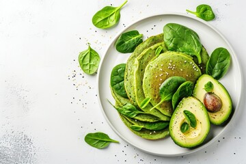 Spinach pancakes with avocado on white plate top view - obrazy, fototapety, plakaty