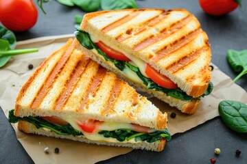 Grilled cheese sandwich with spinach and tomato on a concrete surface