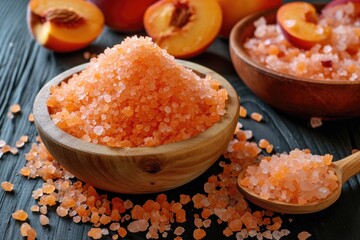 Fototapeta na wymiar Peach scrub made by hand with argan oil Himalayan salt spa set