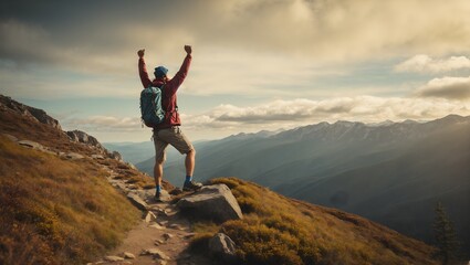 man with arms up jumping on the top of the mountain