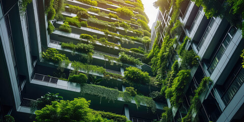 Sustainble green building. Eco-friendly building in modern city. Sustainable glass office building with tree for reducing carbon dioxide. Office with green environment. Corporate building reduce CO2