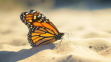 Fototapeta na wymiar Closeup of a vibrant Monarch erfly its delicate wings coated with fine sand as it struggles to fly through strong desert winds.