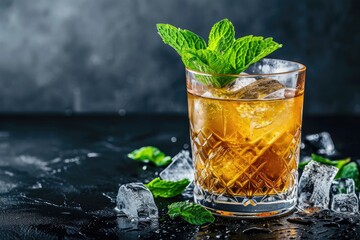 Bourbon and mint mixed in a glass with ice on a dark background - obrazy, fototapety, plakaty
