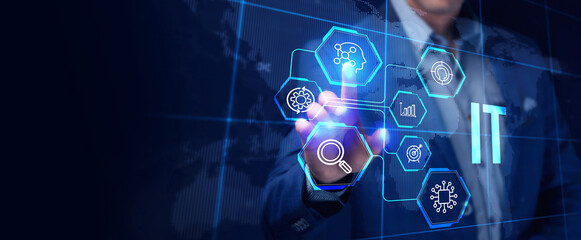 IT consultant presenting tag cloud about information technology.