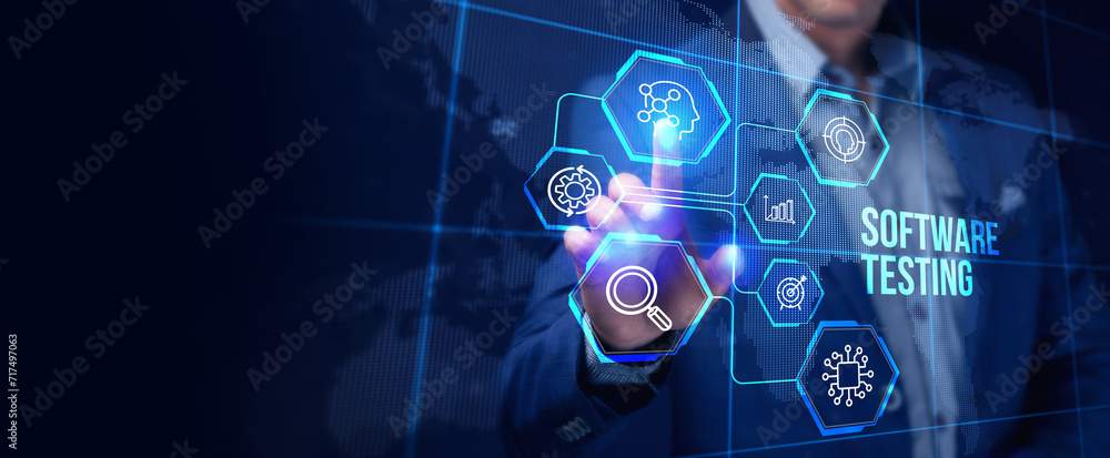 Poster inscription software testing on the virtual display. business, modern technology, internet and netwo