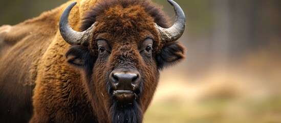 North American Buffalo in a closeup, licking its lips.