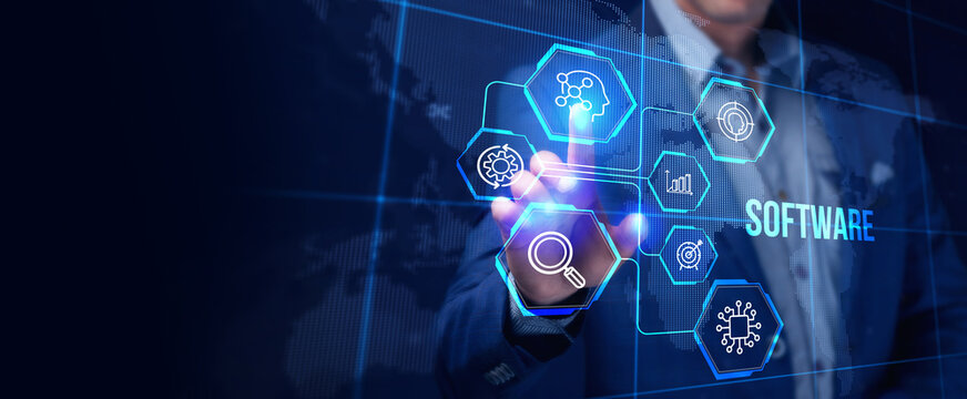 Software development and business process automation, internet and technology concept on virtual screen.