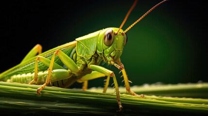 Extreme macro close-up side view photograph of a grasshopper on a blade of grass - obrazy, fototapety, plakaty