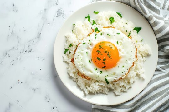 Fried chicken egg on white plate served with hard cooked yolk over rice Flat lay or top view