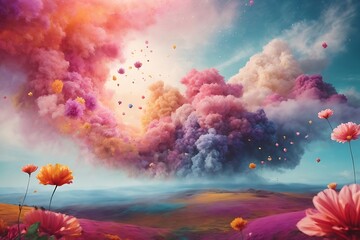 Fototapeta na wymiar Photo of beautiful colorful landscape made of holi powdered color ai generative