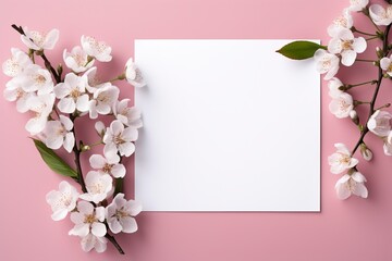 Photo of blank white paper with flower on pink background, copy space, high quality, high resolution, 8k with generative ai