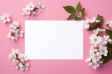 Photo of blank white paper with flower on pink background, copy space, high quality, high resolution, 8k with generative ai