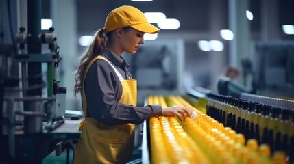 Manufacturer checking product bottles fruit juice on the conveyor belt in the beverage factory. worker checks product bottles in beverage factory. Inspection quality control