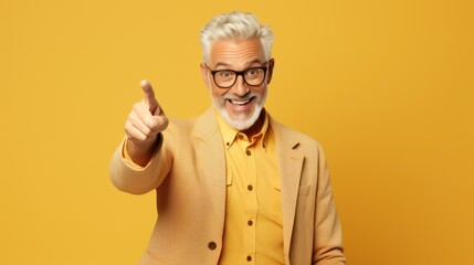 hooray elder grey hairdo man indicate empty space wear spectacles shirt isolated on beige color background, joyful, cheerful, adult, achievement, retirement, happy - obrazy, fototapety, plakaty