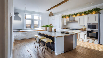 Amazing Luxury Kitchen Interior in white with wooden floor and kitchen island. Generative AI.