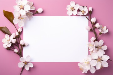 Fototapeta na wymiar Photo of blank white paper with flower on pink background, copy space, high quality, high resolution, 8k with generative ai