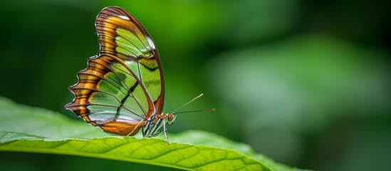 The Siproeta stelenes butterfly is a stunning Neotropical insect with translucent wings seen on a green leaf.
