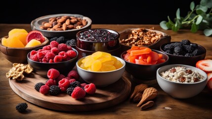 toppings should have an appetizing texture, food props like fruit, honey, jam, granola, nuts, healthy, food, fruit, berry, raspberry, nutrition, blueberries, organic, antioxidant