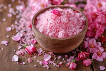 Wooden background with sugar petals and body scrub