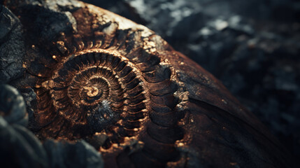 A close-up of an ammonite fossil, showcasing the golden ratio in nature, with intricate details and textures.
