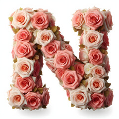 The letter N is made out of rose flowers, the Rose Alphabet, and Valentine Designs, on a White background, isolated on white, photorealistic	
