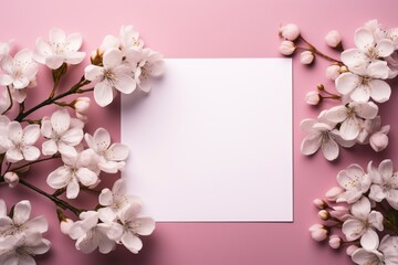 Naklejka na ściany i meble Photo of blank white paper with flower on pink background, copy space, high quality, high resolution, 8k with generative ai