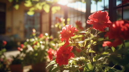 Fototapeta na wymiar Bright red flowers blooming vibrantly, bathed in the soft sunlight filtering through leaves.