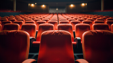 Rows of vacant red chairs in a cinema hall, evoking the quiet before the movie starts.