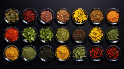 Variety of colorful spices in small bowls arranged on a dark surface, a culinary composition.