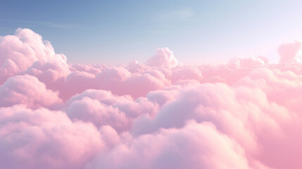 Soft pink clouds spread across the sky, creating a dreamlike and serene aerial landscape.