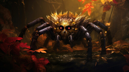 A realistic, detailed spider amongst autumn leaves under a warm light, evoking a sense of wilderness and nature.