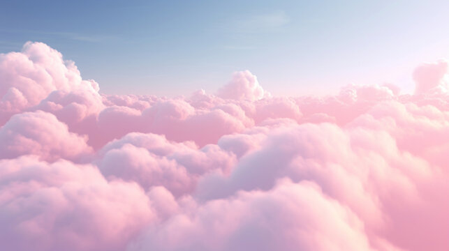 Soft pink clouds spread across the sky, creating a dreamlike and serene aerial landscape.