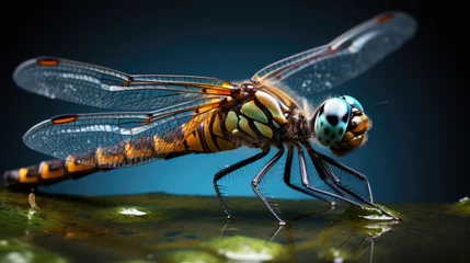 Tuinposter Extreme macro close-up side view photograph of a dragonfly on a pond surface © basketman23