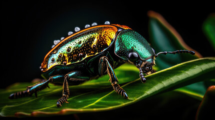 Naklejka premium Extreme macro close-up side view photograph of a beetle on a leaf