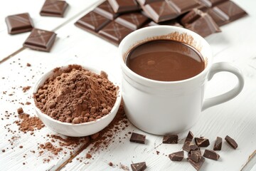 Hot chocolate in a white mug chocolate pieces and powder in a bowl on a wooden table isolated on white background Horizontal view