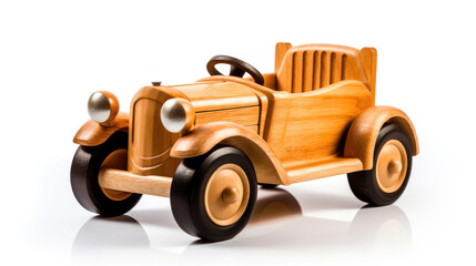 Handcrafted wooden toy car on a white background, showcasing beautiful craftsmanship and vintage design.