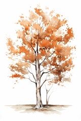 White and rust fall tree as a watercolor illustration, isolated on a white background, the color palette is light bronze and white