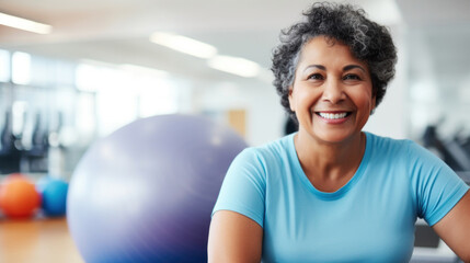A cheerful senior woman with grey hair smiling in a gym environment, promoting active and healthy aging.