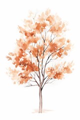 White and rust fall tree as a watercolor illustration, isolated on a white background, the color palette is light bronze and white